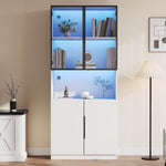 Display Cabinet, Glass Doors LED Lights Bookshelf, White