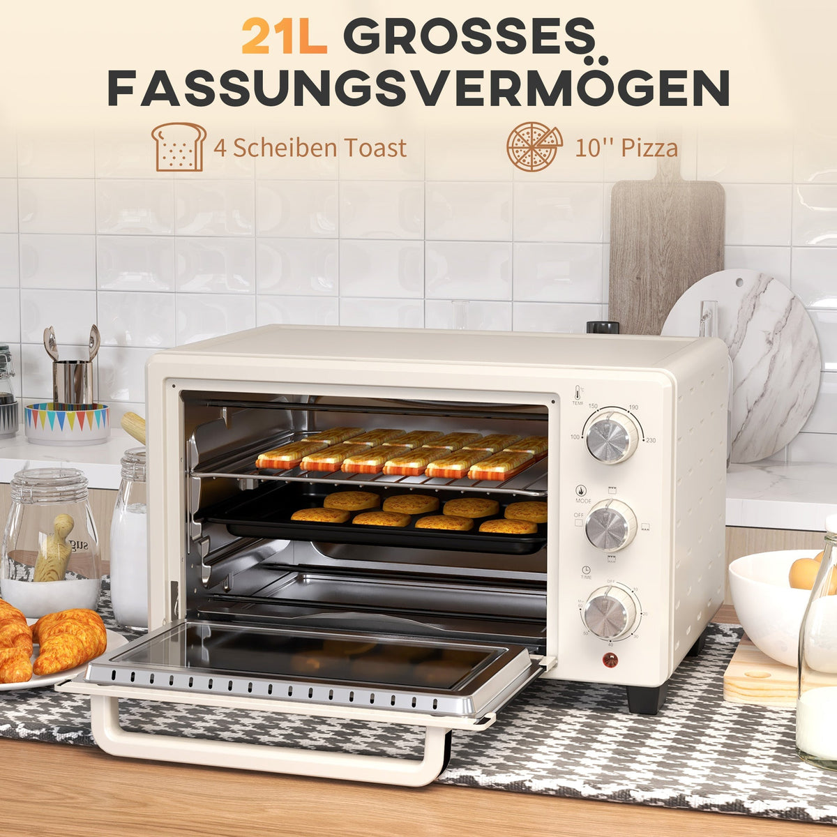 Mini Oven Rotisserie Toaster 21L, 3 Modes, Stainless Steel, Cream White