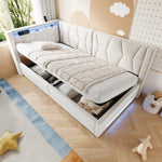 Upholstered Bed 90x200 with Storage & LED Lighting, Beige Velvet
