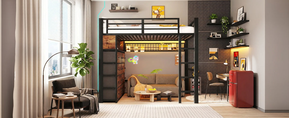 Loft Bed 140x200cm with 8 Drawers & LED Lighting, Black Metal