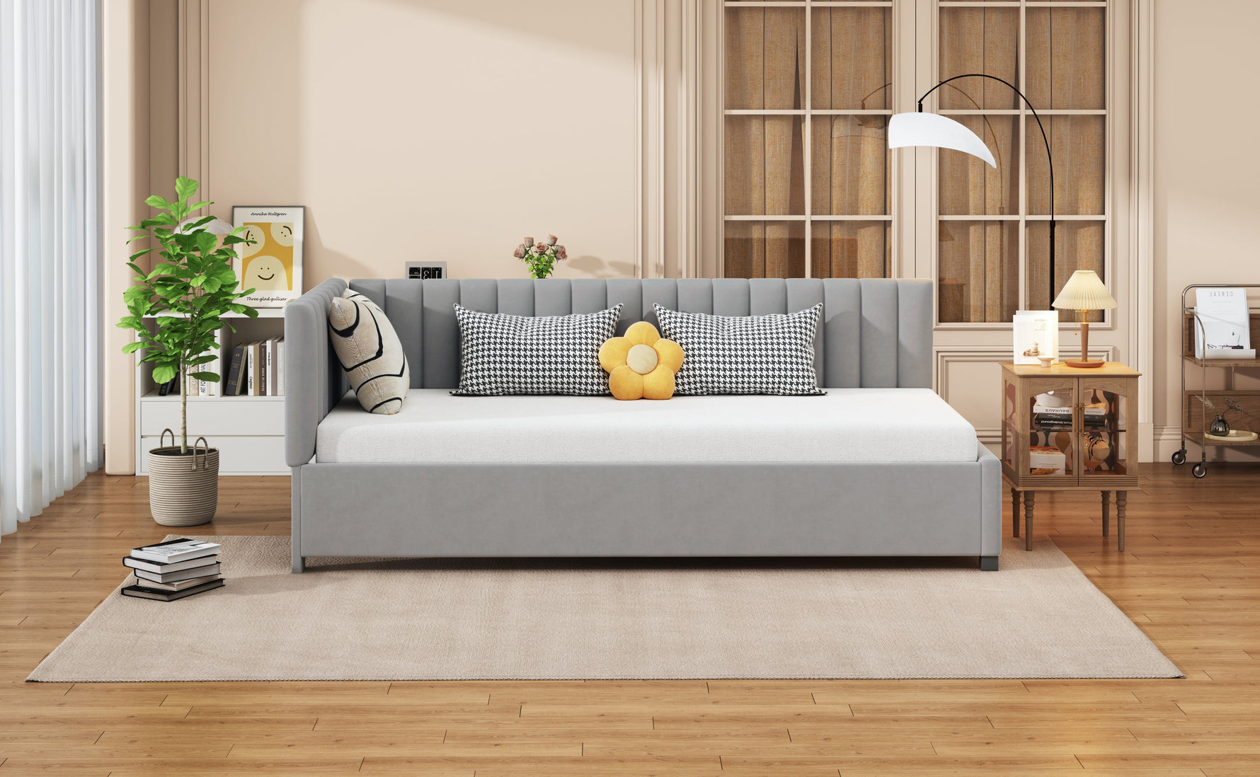 Upholstered Bed Sofa, 90x200 Multifunctional with Slatted Frame, Skin-Friendly Velvet Fabric Gray