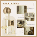 Cat Tree Rattan Cat House, Multiple Platforms, Hammock, Ramp, Anti-tip, Plush Beige