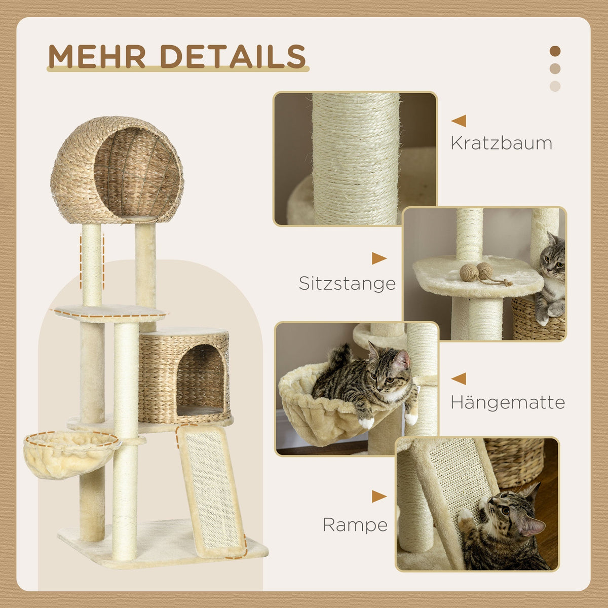Cat Tree Rattan Cat House, Multiple Platforms, Hammock, Ramp, Anti-tip, Plush Beige