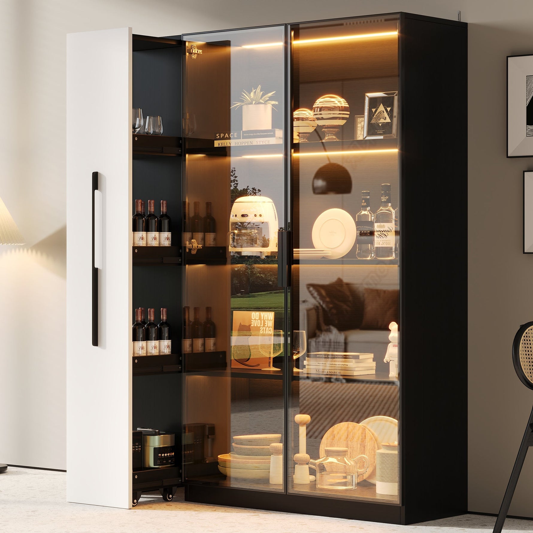 Multifunctional Cabinet 110.5x35x160cm LED Glass Door Pull-out Drawer Rolling - White/Black