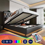 Upholstered Double Bed, 140x200 cm Hydraulic Storage with USB-C Charging & LED, Black PU