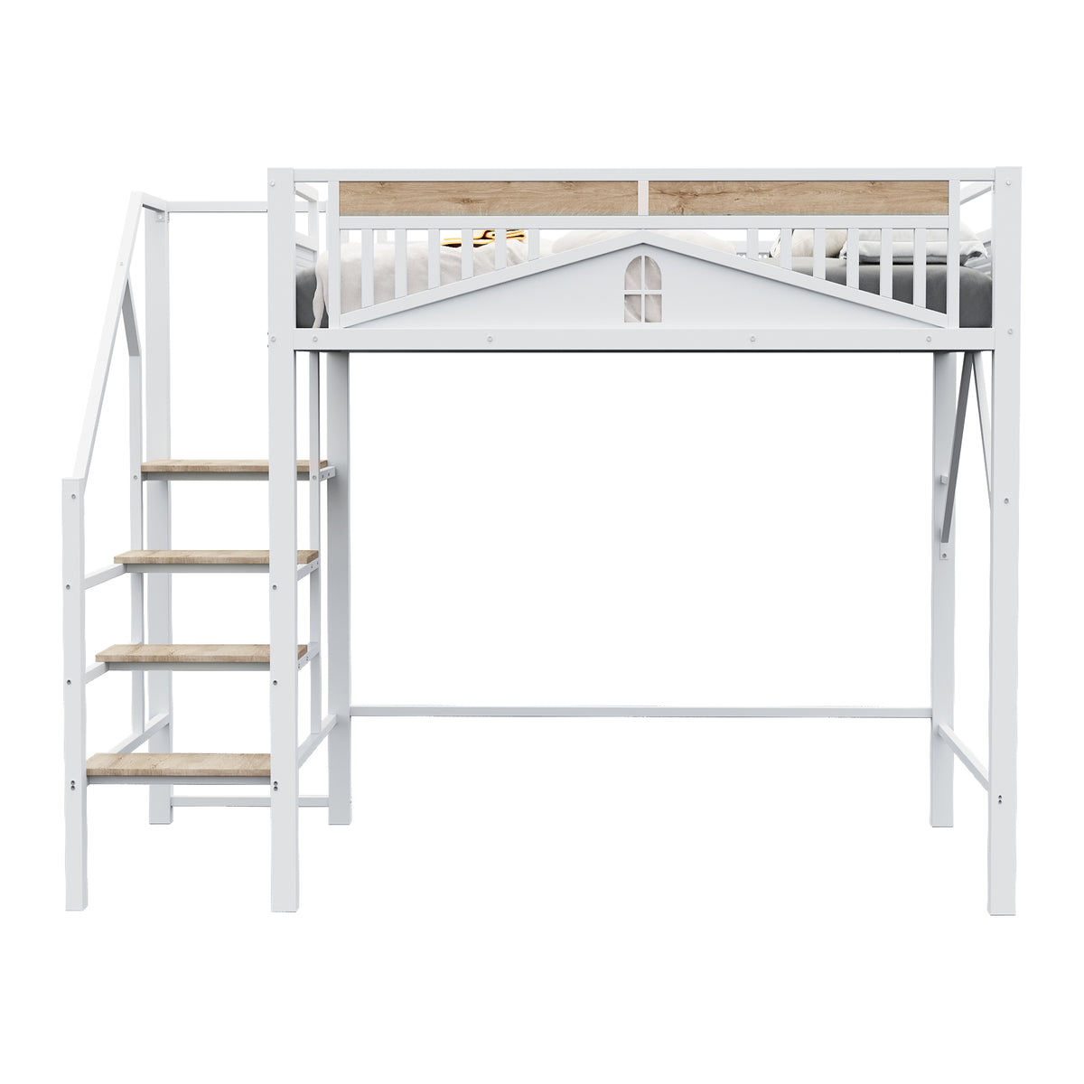 Metal Loft Bed 140x200cm with Ladder & Underbed Storage, White