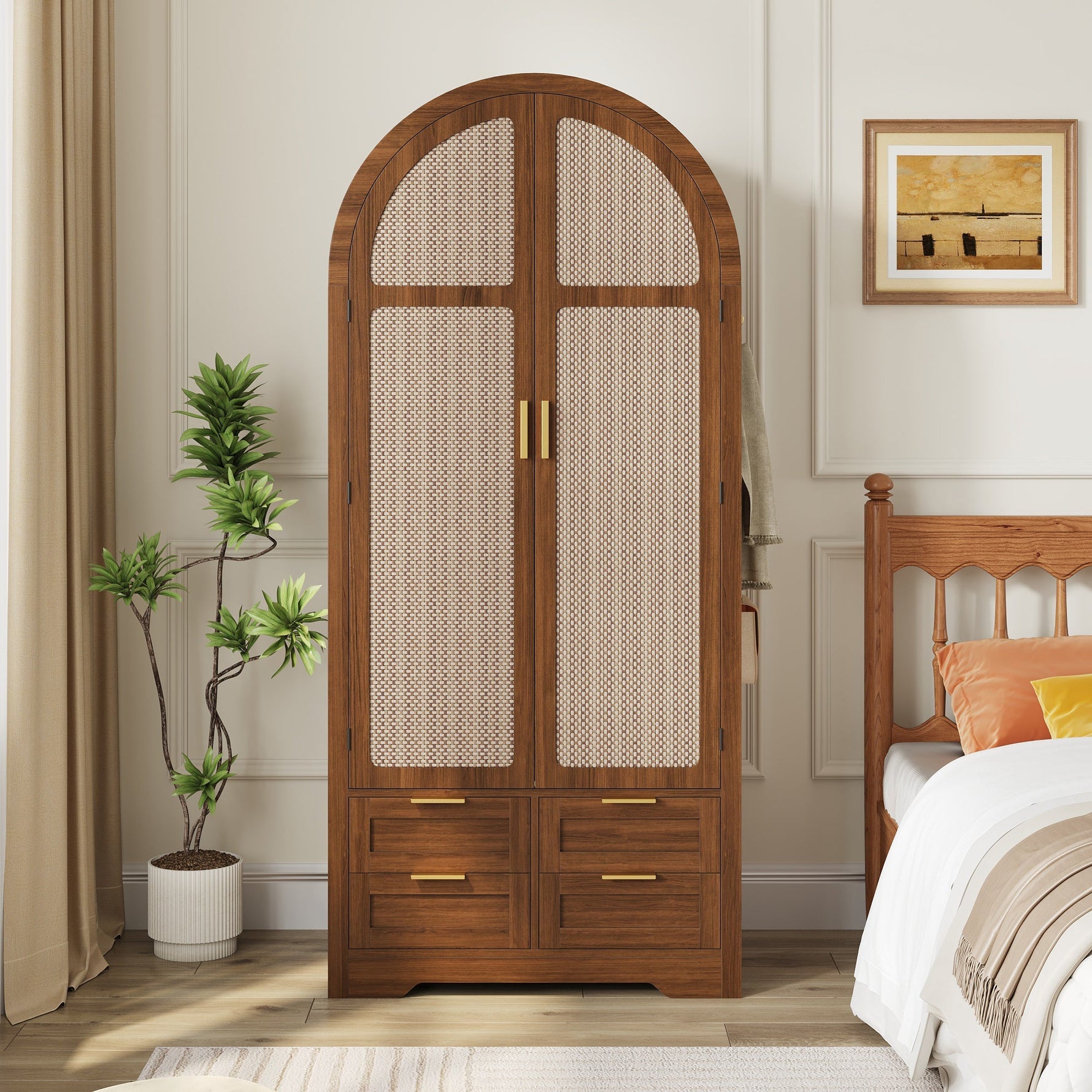 Modern Wardrobe with Curved Doors, Clothes Rail and Drawers, Walnut MDF
