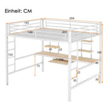 Loft Bed with Desk and Bookshelves, 140x200 cm Metal Frame, White