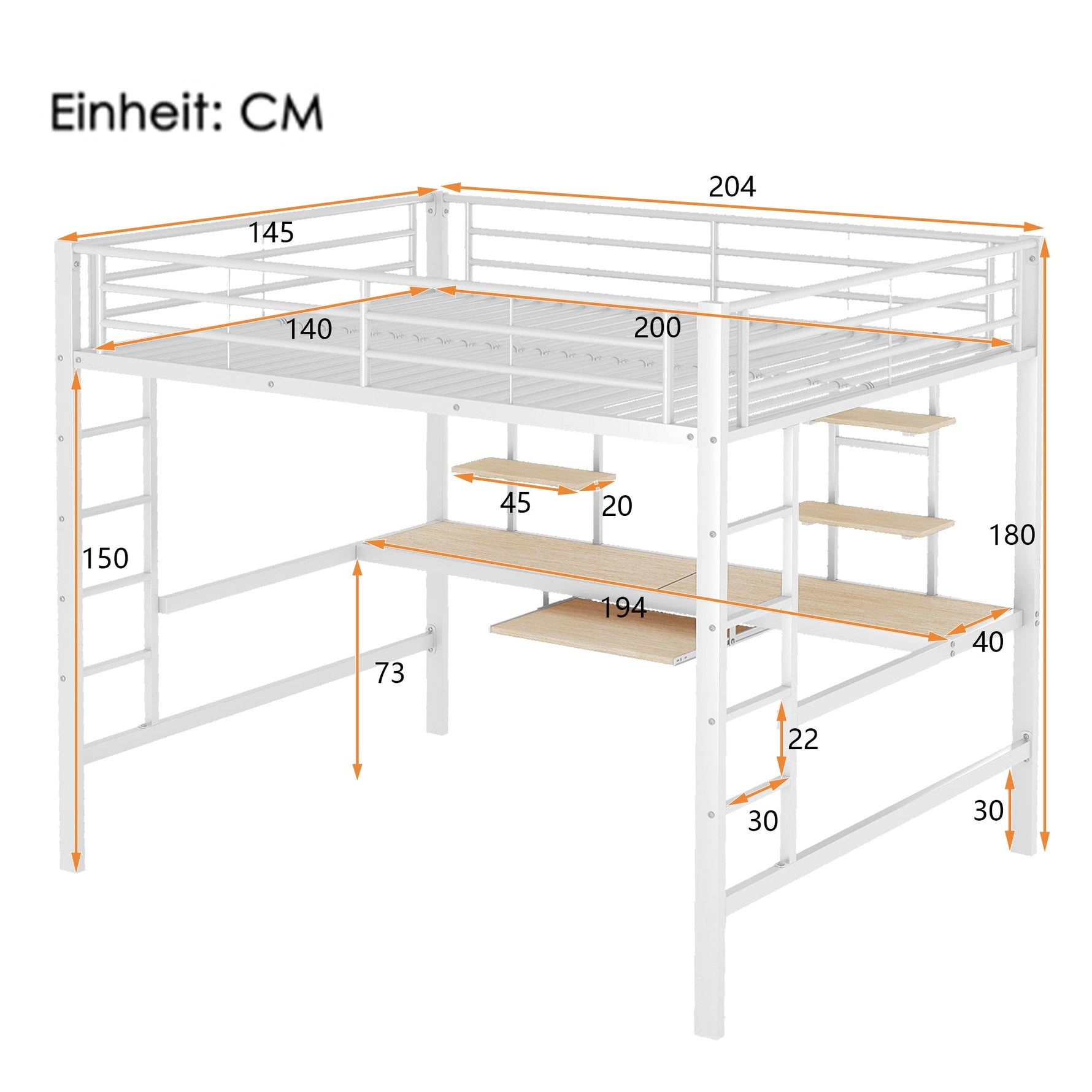 Loft Bed with Desk and Bookshelves, 140x200 cm Metal Frame, White