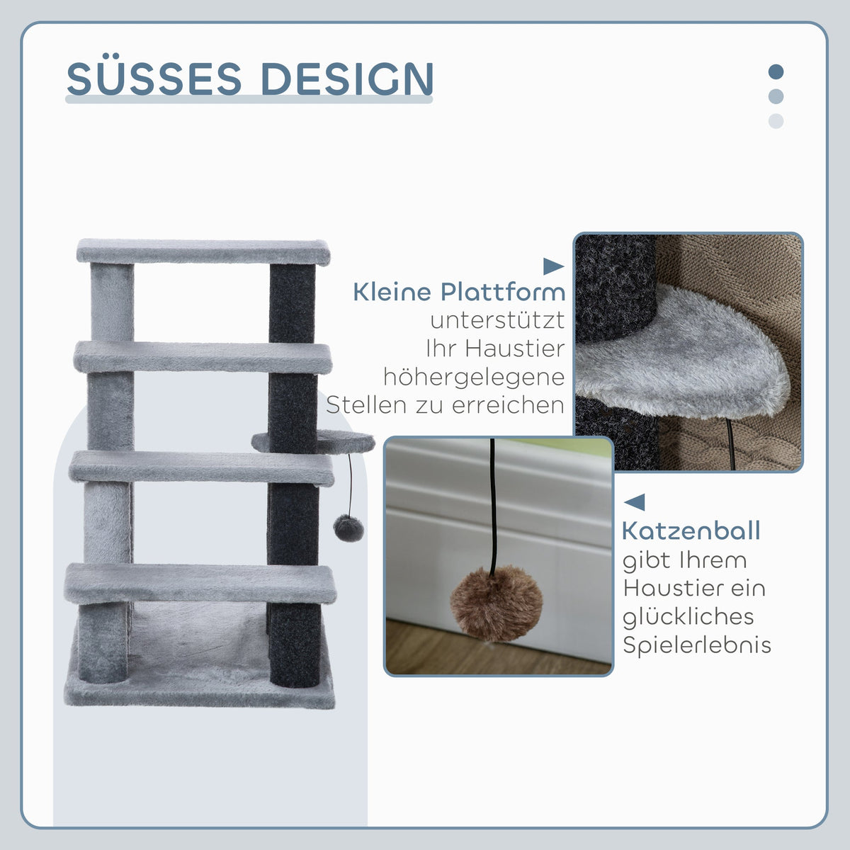 Cat Stairs, 64cm 4 Steps with Play Ball, Jute and Plush, Grey