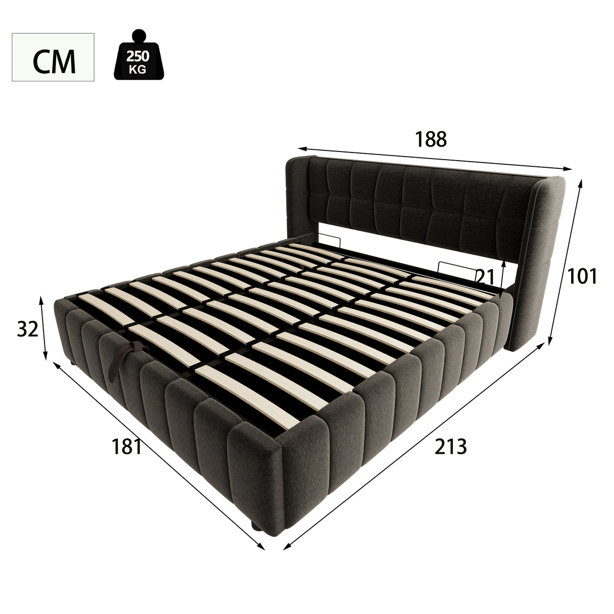 Upholstered Double Bed with LED, USB & Storage, 160x200, Linen