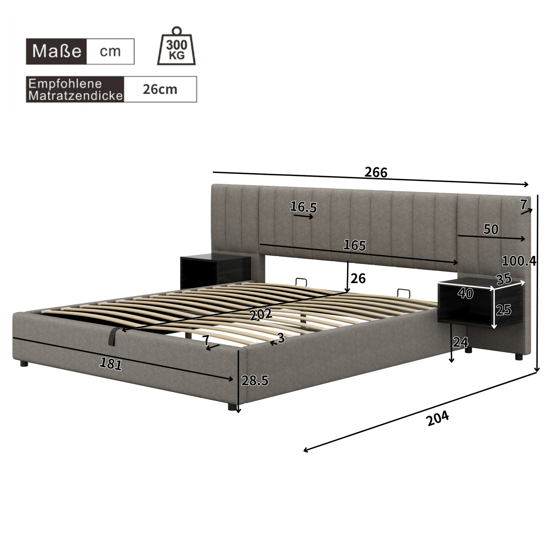 Upholstered Bed 180x200cm Hydraulic Storage 2 Bedside Tables - Linen Grey/Black