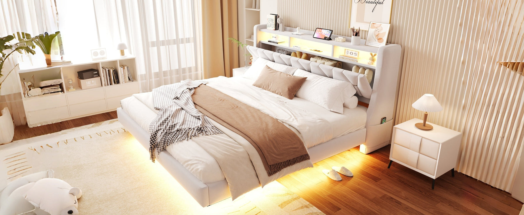 Upholstered Bed 180 x 200 cm with Storage Headboard, Charging Station and LED Lighting, Beige Velvet Fabric
