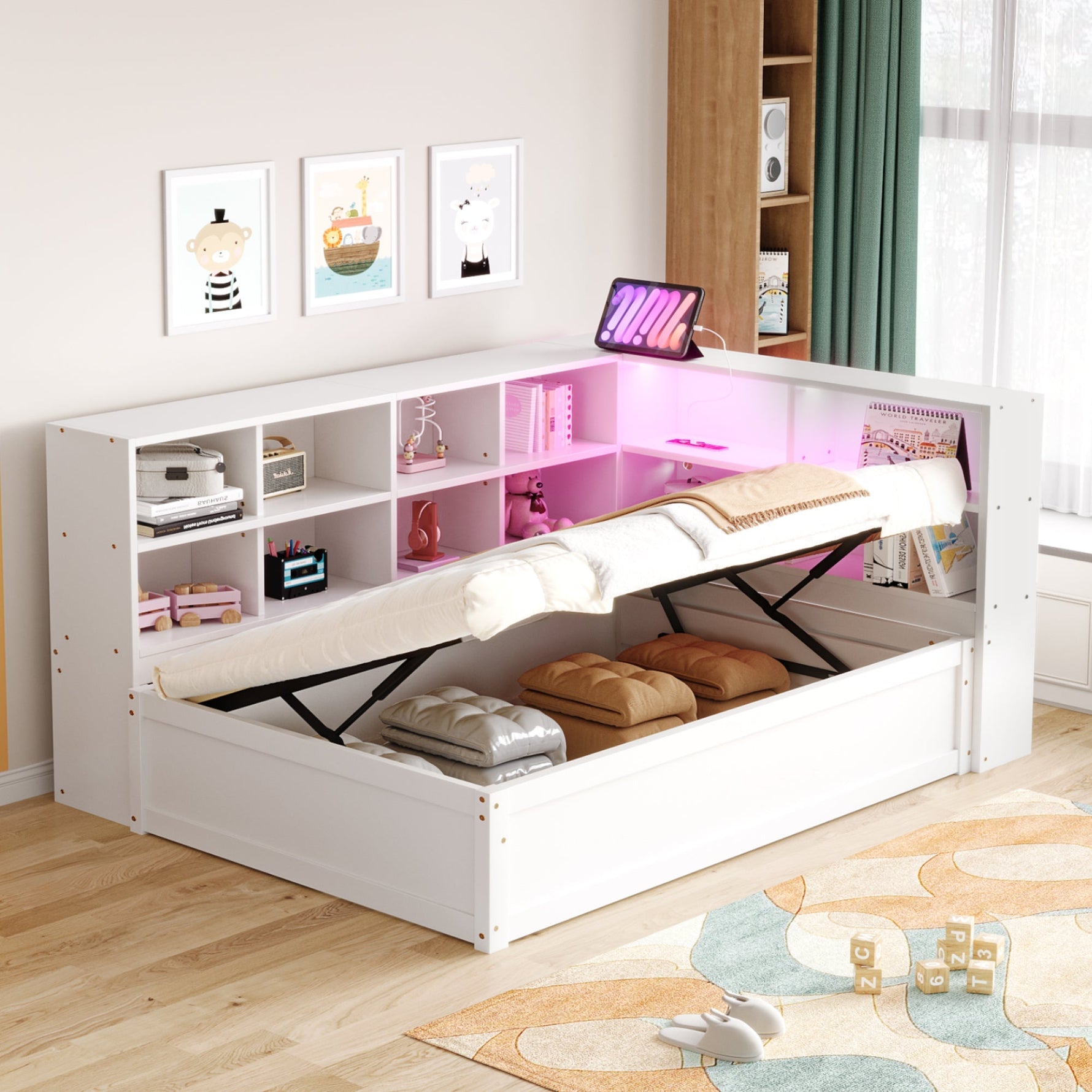 Sofa Bed, 90x200 Multifunctional with Sockets, Storage, Light Bar, Hydraulic, Solid Wood, White