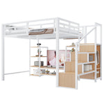 Loft Bed with TV Stand, Power Outlet and Safety Ladder, 140x200cm, White Metal and Wood