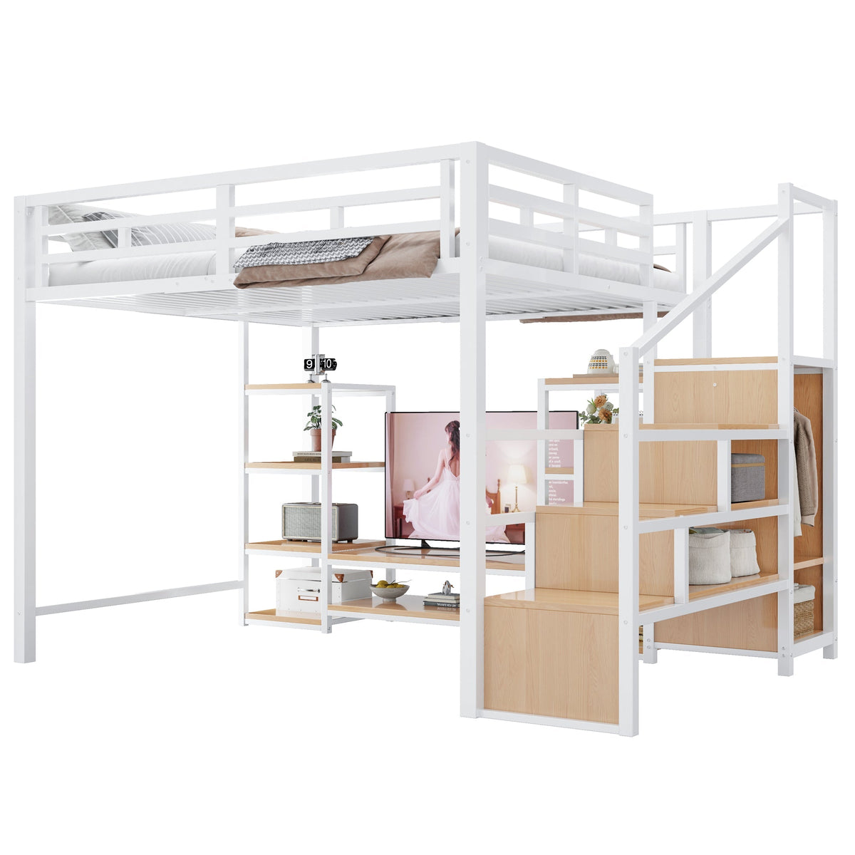Loft Bed with TV Stand, Power Outlet and Safety Ladder, 140x200cm, White Metal and Wood