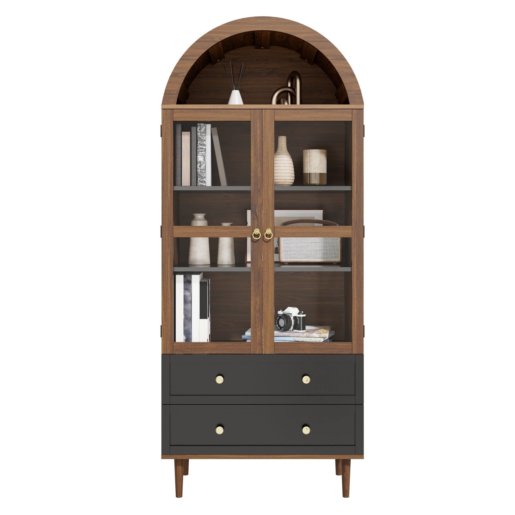 Retro Storage Cabinet with Adjustable Shelves and Curved Glass, Luxurious Sideboard