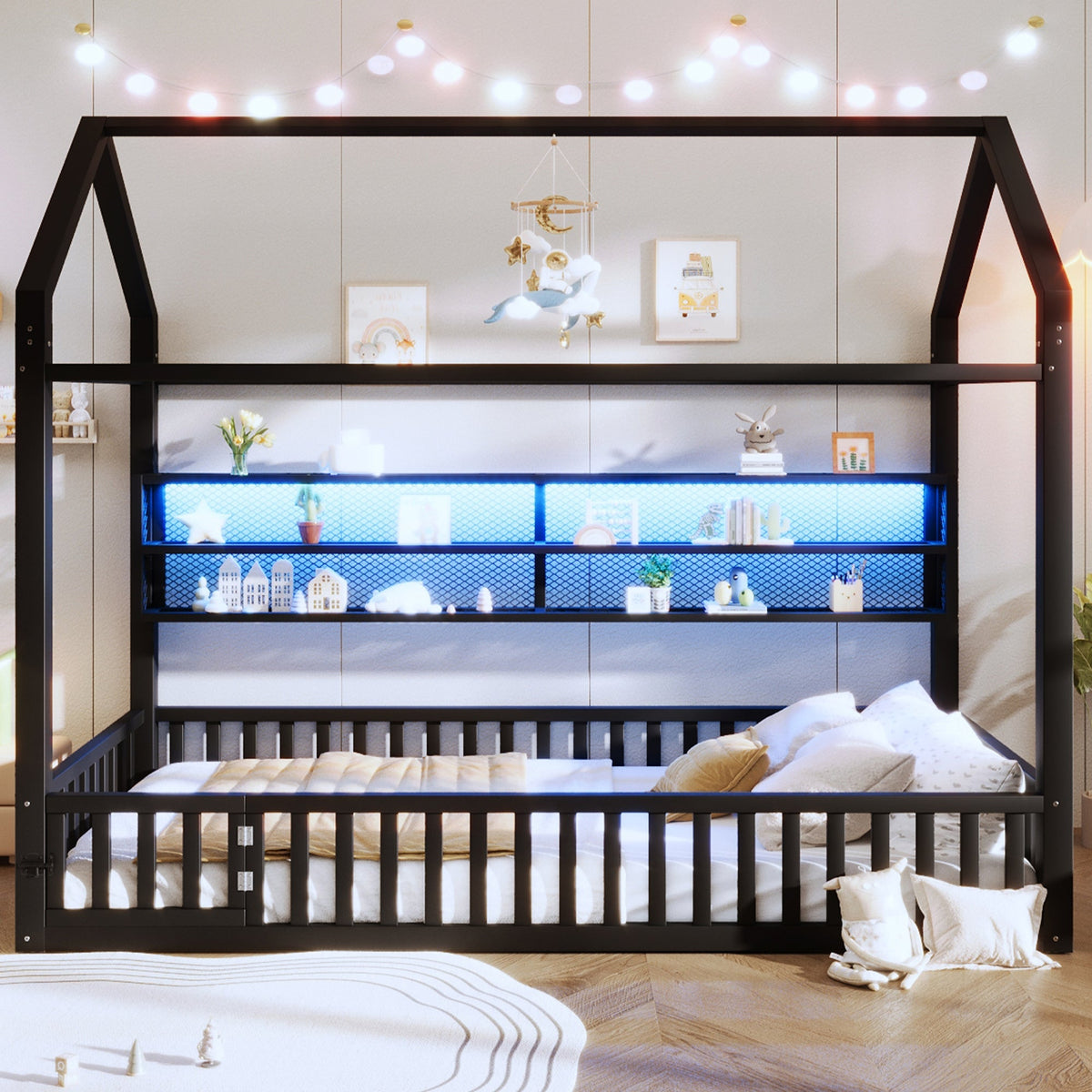 House-shaped Platform Bed 90x200 with Fence LED Lighting Black