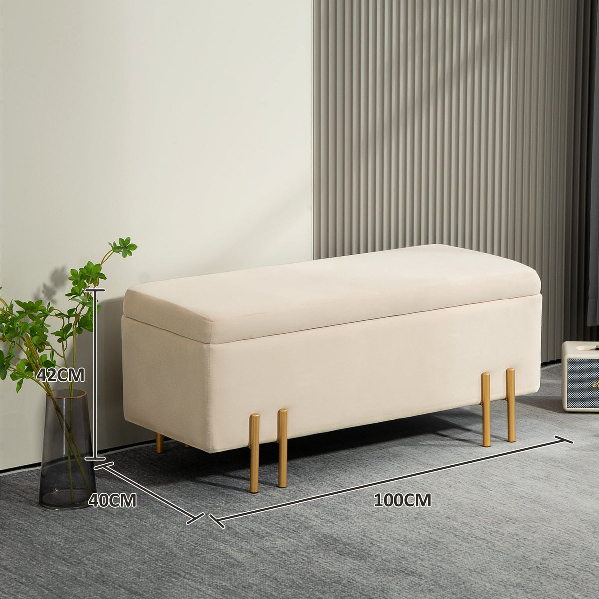 Bench with storage, upholstered velvet, wooden legs, 100 x 40 x 42 cm, beige