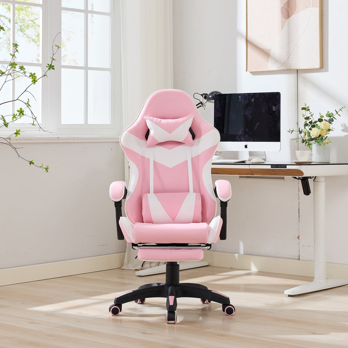 Gaming Chair Ergonomic Racing High-Back Swivel with Footrest & Lumbar Support Leather White & Pink