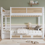 Children's Bunk Bed with 3 Drawers & Rattan Railing, White Pine Wood