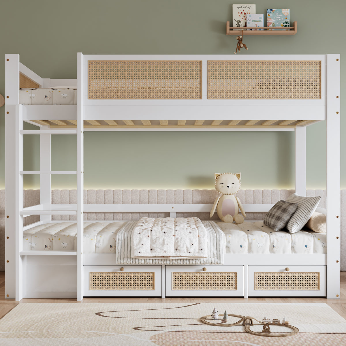 Children's Bunk Bed with 3 Drawers & Rattan Railing, White Pine Wood