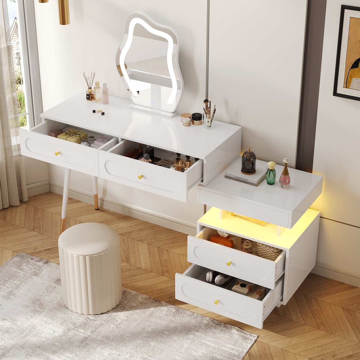 Dressing Table Set with LED Mirror & 4 Drawers, White
