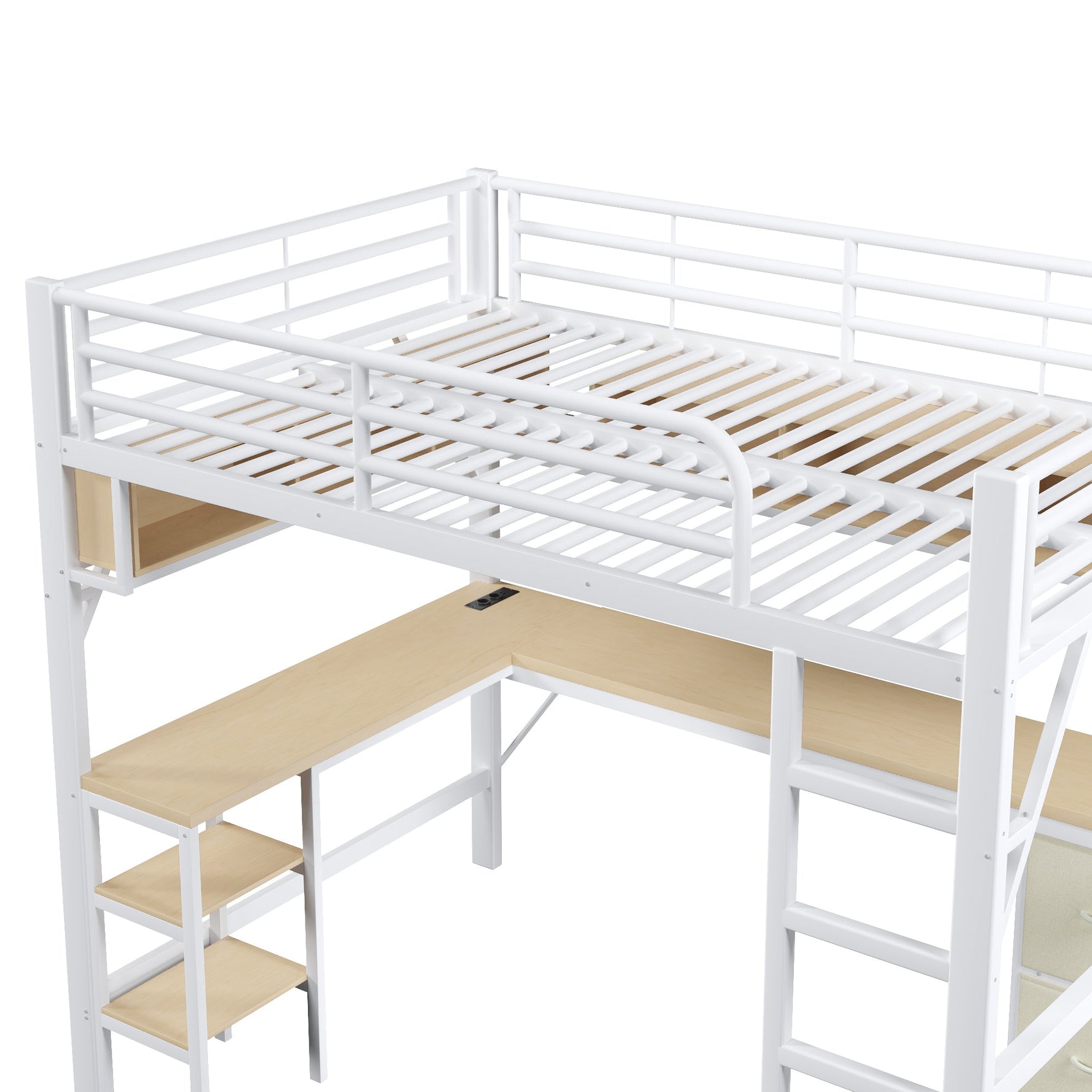 Loft Bed 140x200cm Gaming Desk Wardrobe Bookshelf USB LED Metal White