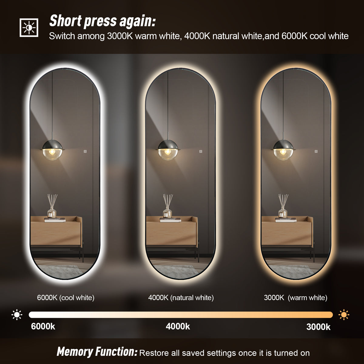 LED Full-Length Mirror 150x50cm Dimmable Backlight Black Aluminum