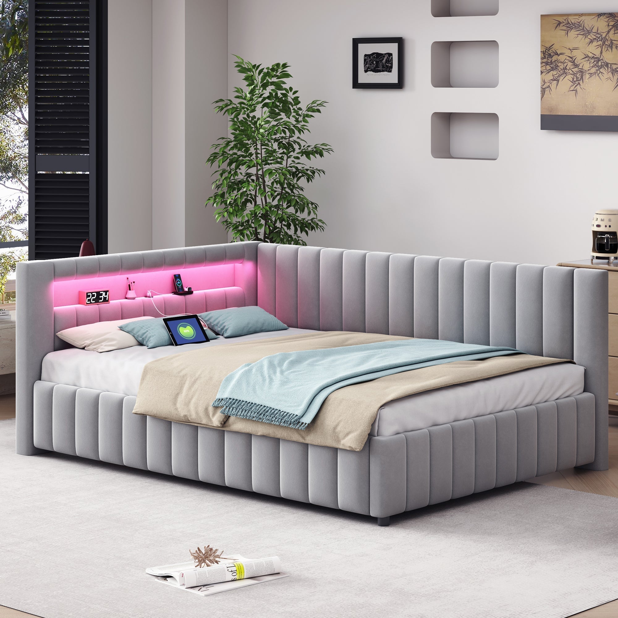 Sofa bed 140x200, LED light USB port, velvet grey