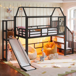 House Loft Bed for Kids with Slide, Storage & LED, Black Metal