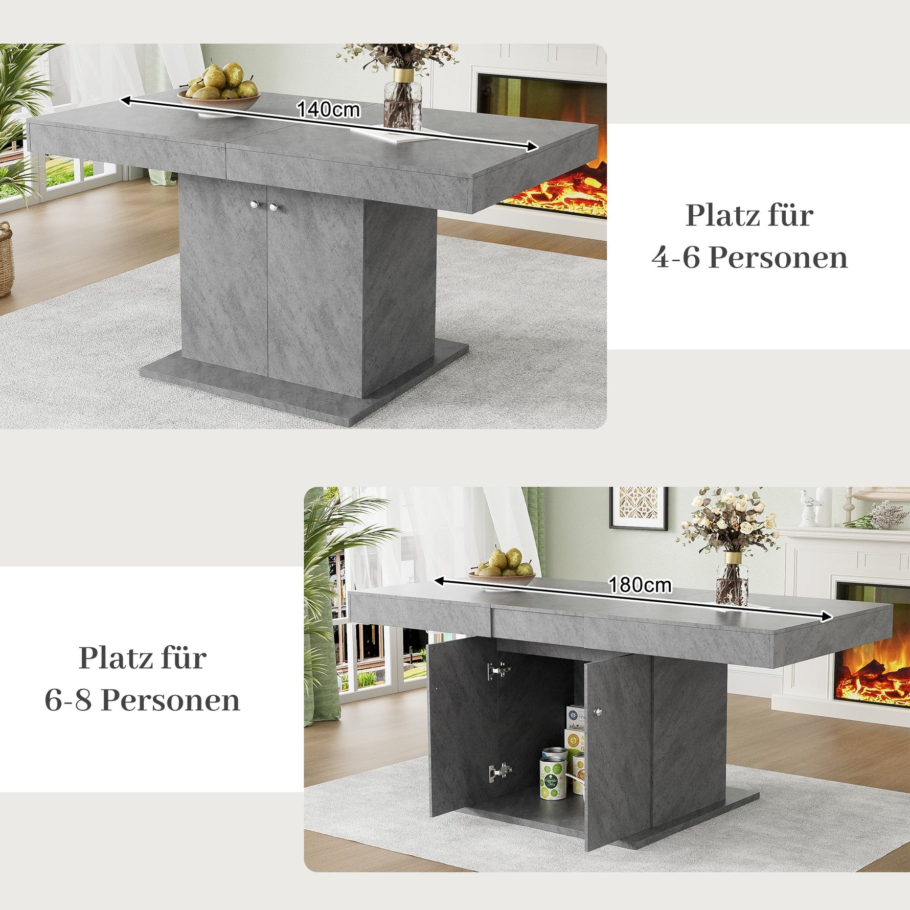 Extendable Dining Table Automatic Telescopic Storage 140/180x80cm - Concrete Look