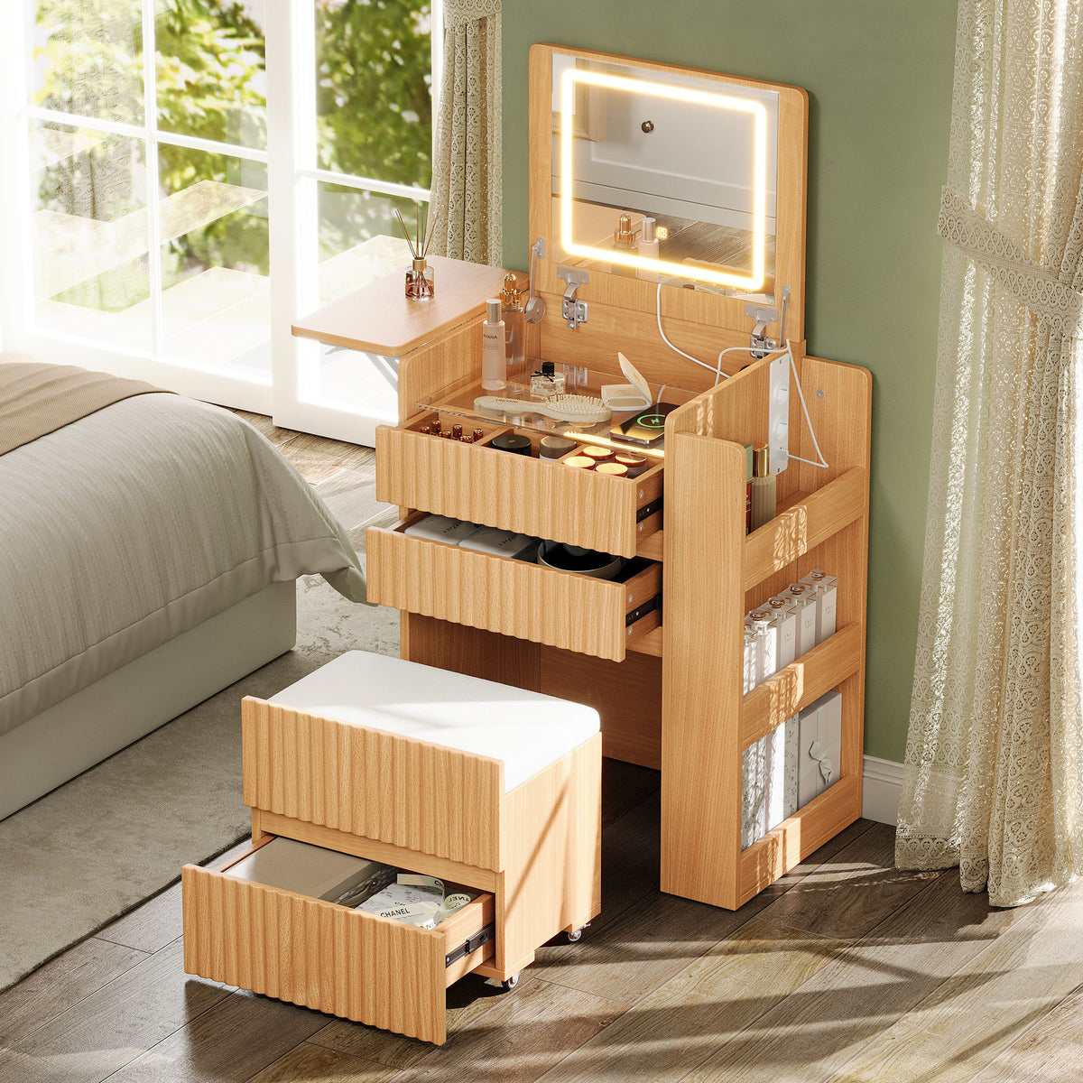 Small Vanity Table Set with LED Mirror & Power Outlets