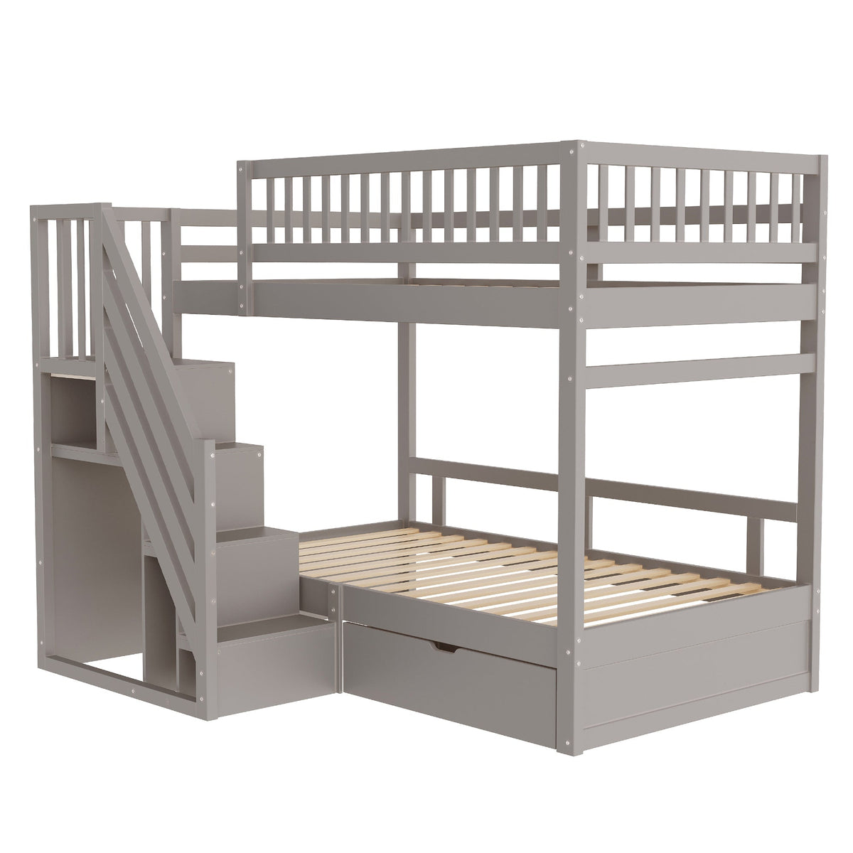 Bunk Bed, 90*200cm, High Safety Rail, Slatted Frame, Storage Ladder & Drawers, Solid Wood Grey