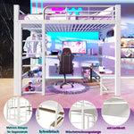 Loft Bed 140x200cm with LED, Storage Stairs & Grid, White Metal