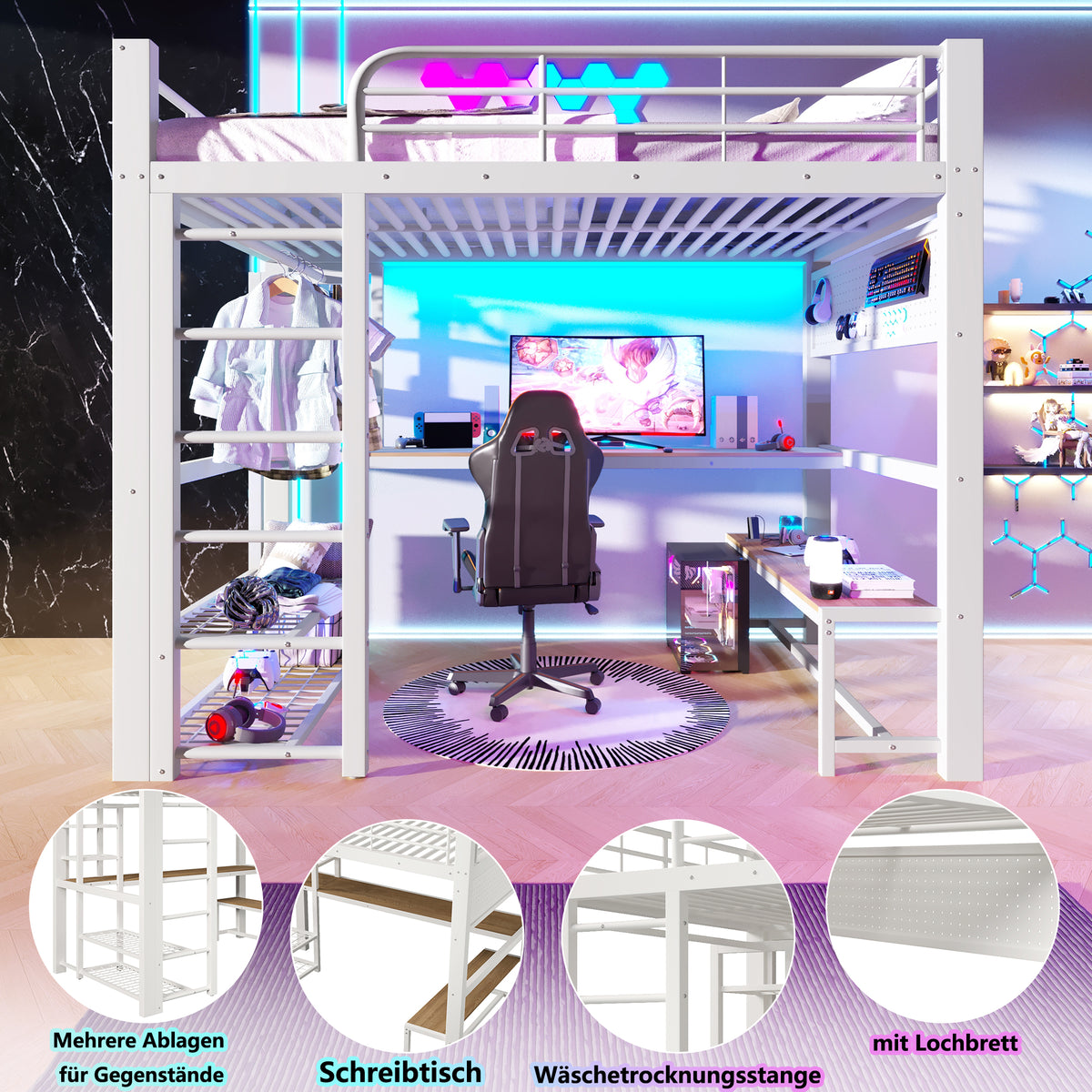 Loft Bed 140x200cm with LED, Storage Stairs & Grid, White Metal