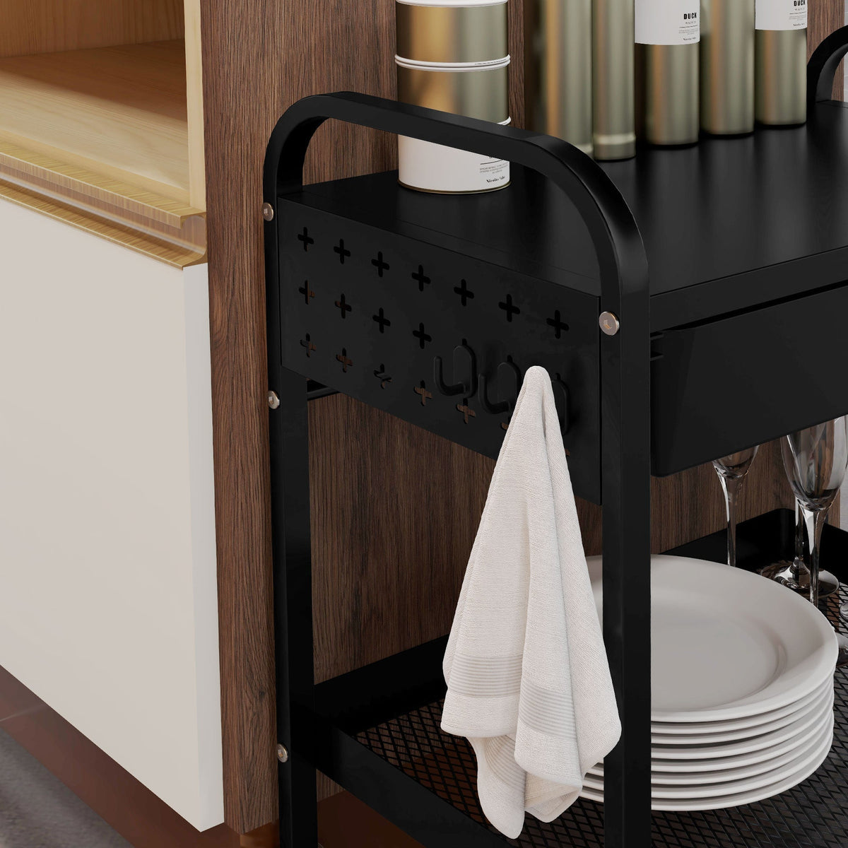 Rolling/Serving/Storage Trolley, 1 Drawer 1 Shelf with Hooks, Steel Black