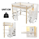 Loft Bed 140x200cm with LED Lights, Desk, and Storage Ladder, White + Natural