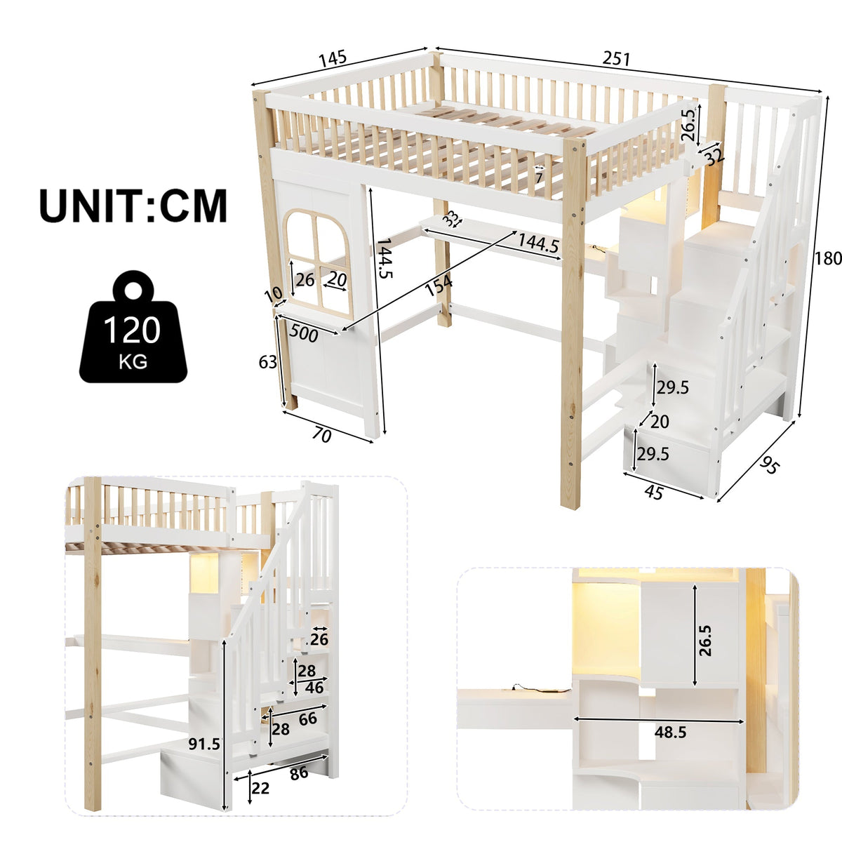Loft Bed 140x200cm with LED Lights, Desk, and Storage Ladder, White + Natural