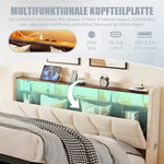 Multifunctional Bed with LED Lighting, Storage Headboard and USB Charging Station, 140x200cm, Beige