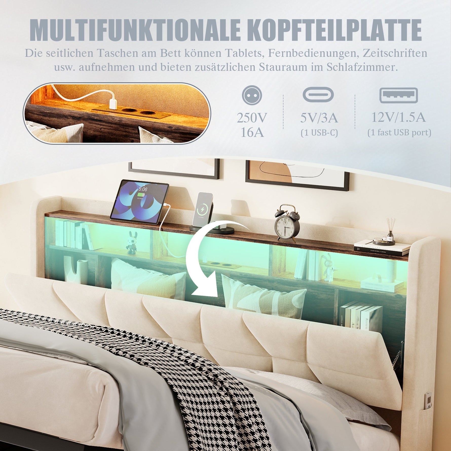 Multifunctional Bed with LED Lighting, Storage Headboard and USB Charging Station, 140x200cm, Beige
