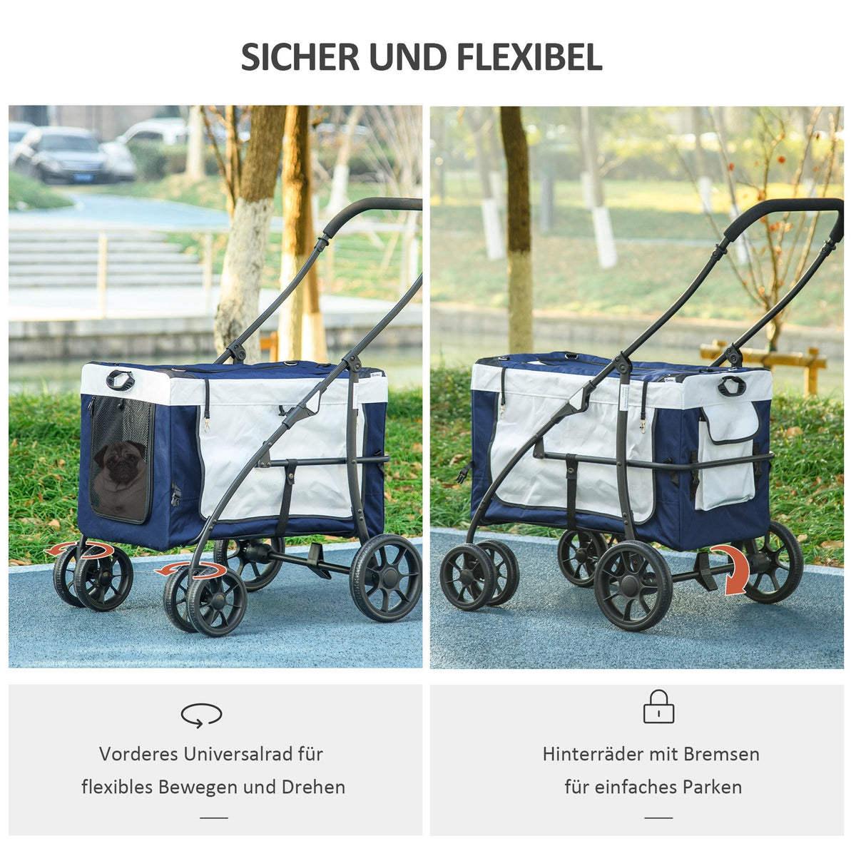 2-in-1 Dog Stroller, Foldable with Removable Basket, Blue
