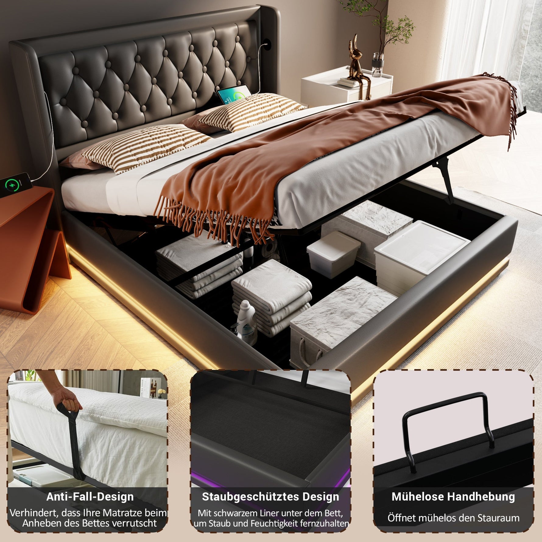 Upholstered Double Bed, 140x200 cm Hydraulic Storage with USB-C Charging & LED, Black PU