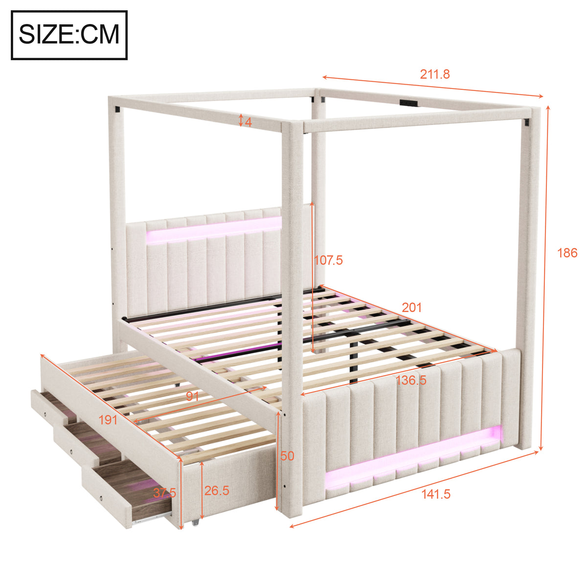 Upholstered Four-Poster Bed 140x200cm, 3 Drawers & LED, Beige