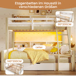 Bunk Bed 90x200 & 140x200 with Storage & LED, White + Natural
