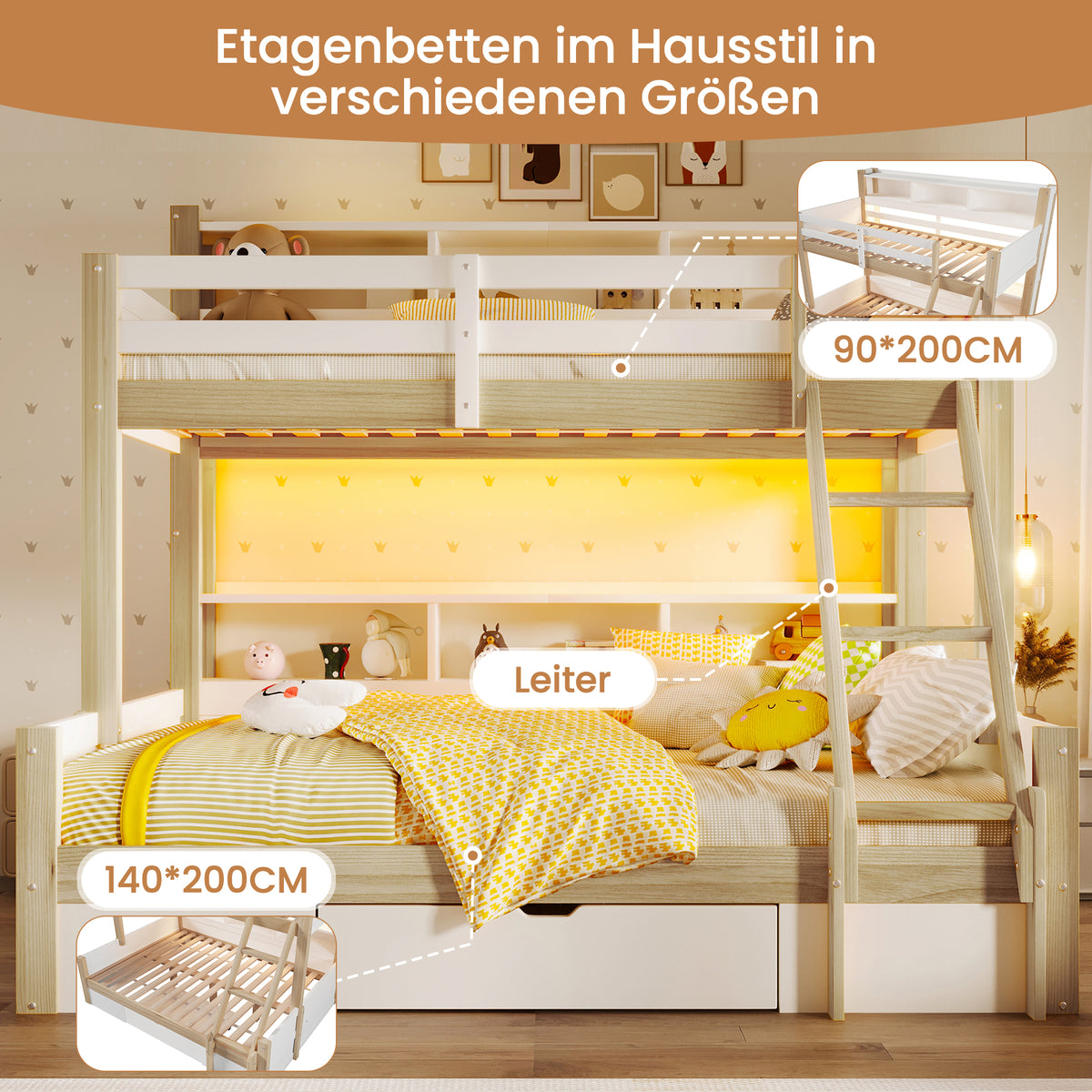 Bunk Bed 90x200 & 140x200 with Storage & LED, White + Natural