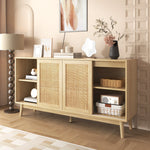 Sideboard, 3 Sliding Real Rattan Doors & 2 Drawers, Wood Color
