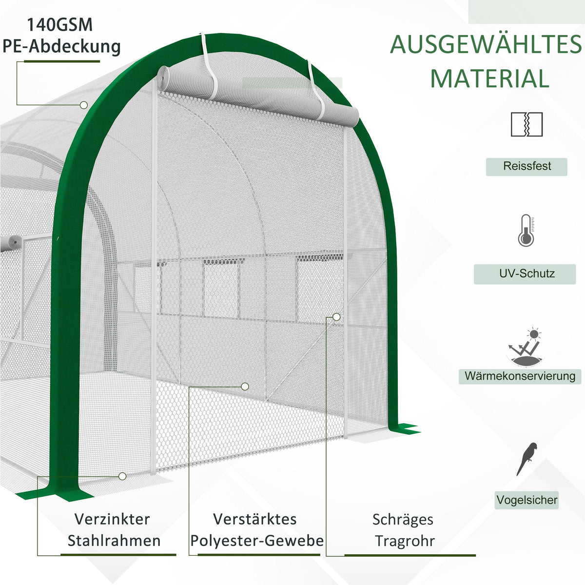 Foil Greenhouse Tunnel, 3.58 x 2.1 x 2.1 m Roller Door, Galvanized Steel, White