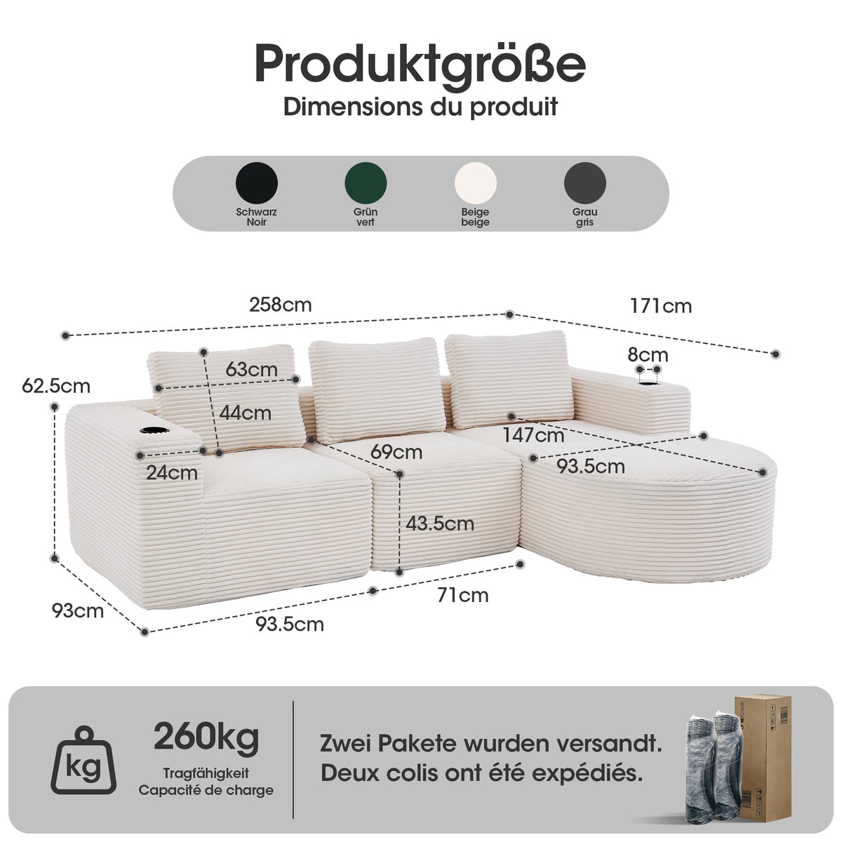 Double Sofa with 3 Pillows and 2 Cup Holders, 265cm Wide Fully Compressed, Feather and Plastic