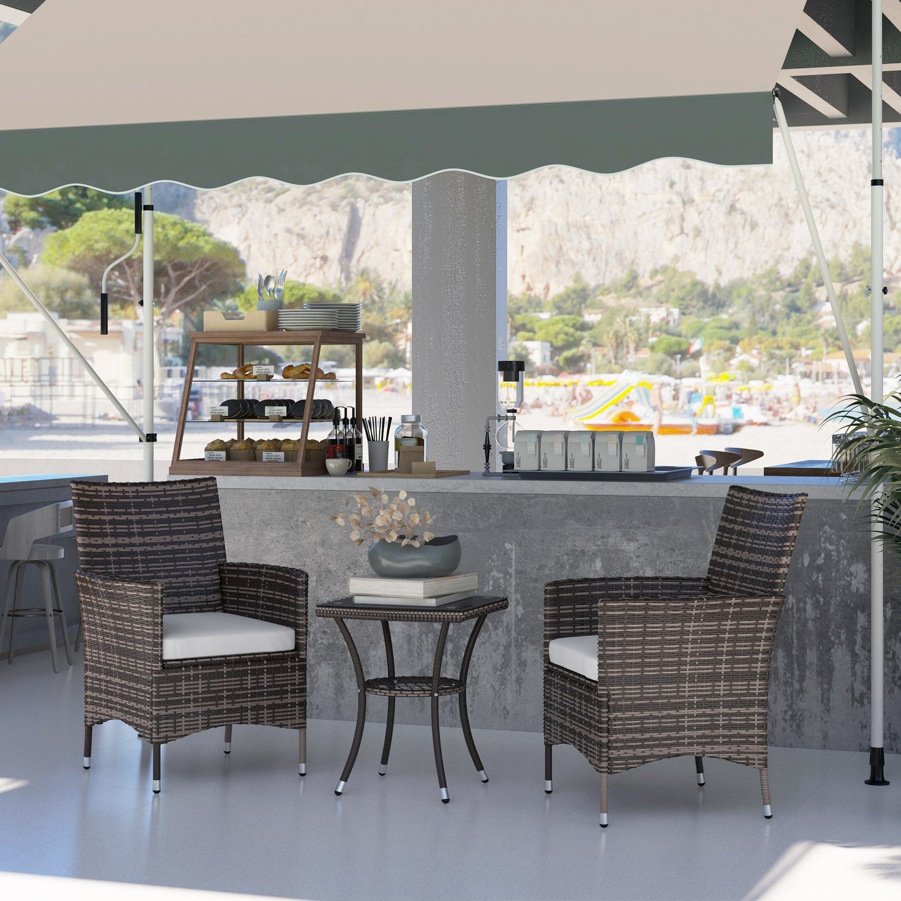 Balcony Furniture Set, Foldable Bistro with Cushions, Rattan Brown